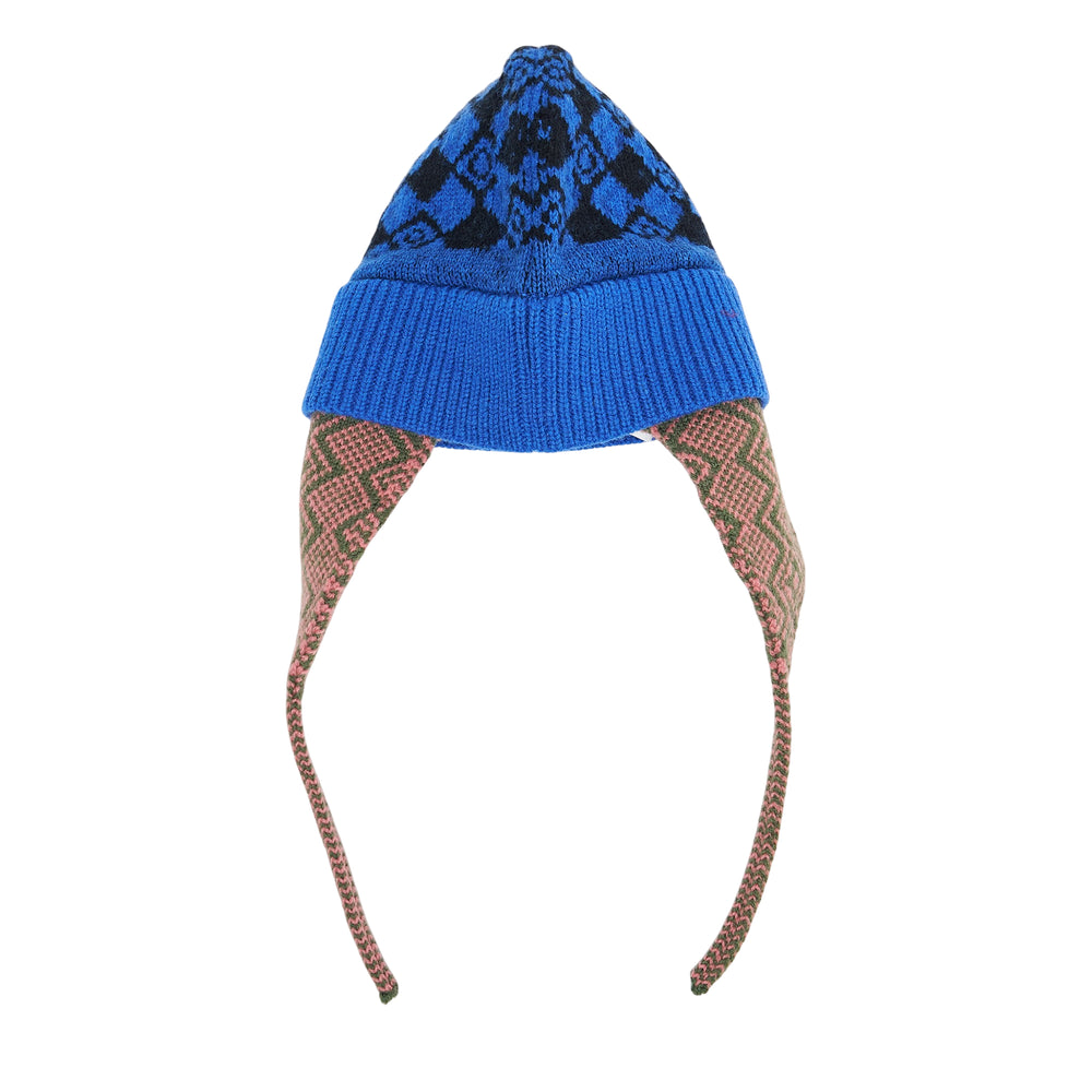 Dries Van Noten knitted earflap beanie with blue and navy diamond jacquard crown and pink and olive geometric patterned earflap ties, shown on white background - view 2