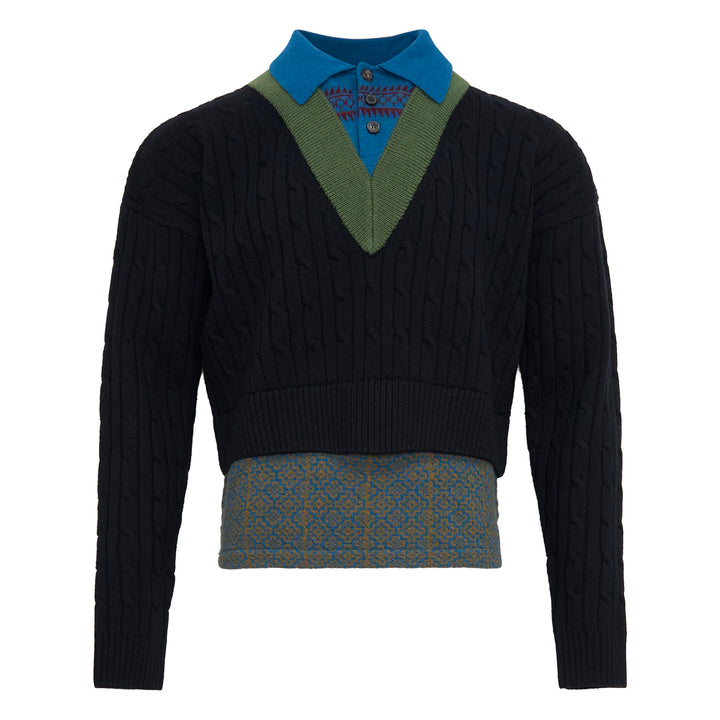 Layered V-Neck Cable Sweater