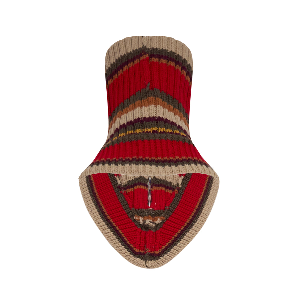 Dries Van Noten detachable striped knit collar with pointed V-neck bib and centre zip fastening in red, tan, olive, and burgundy multicolour stripes - view 2