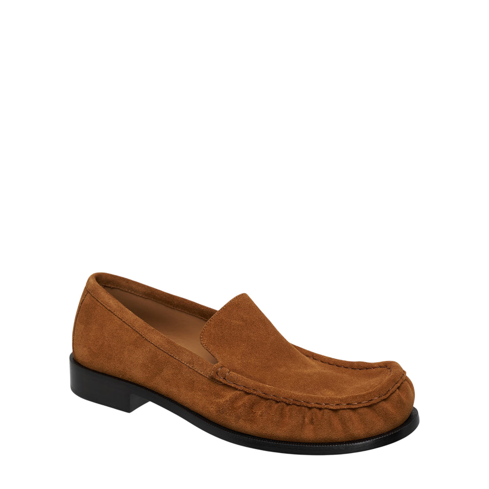 Dries Van Noten Creased Toe Suede Loafer in tan brown with moccasin-inspired gathered toe and black leather sole, side profile view