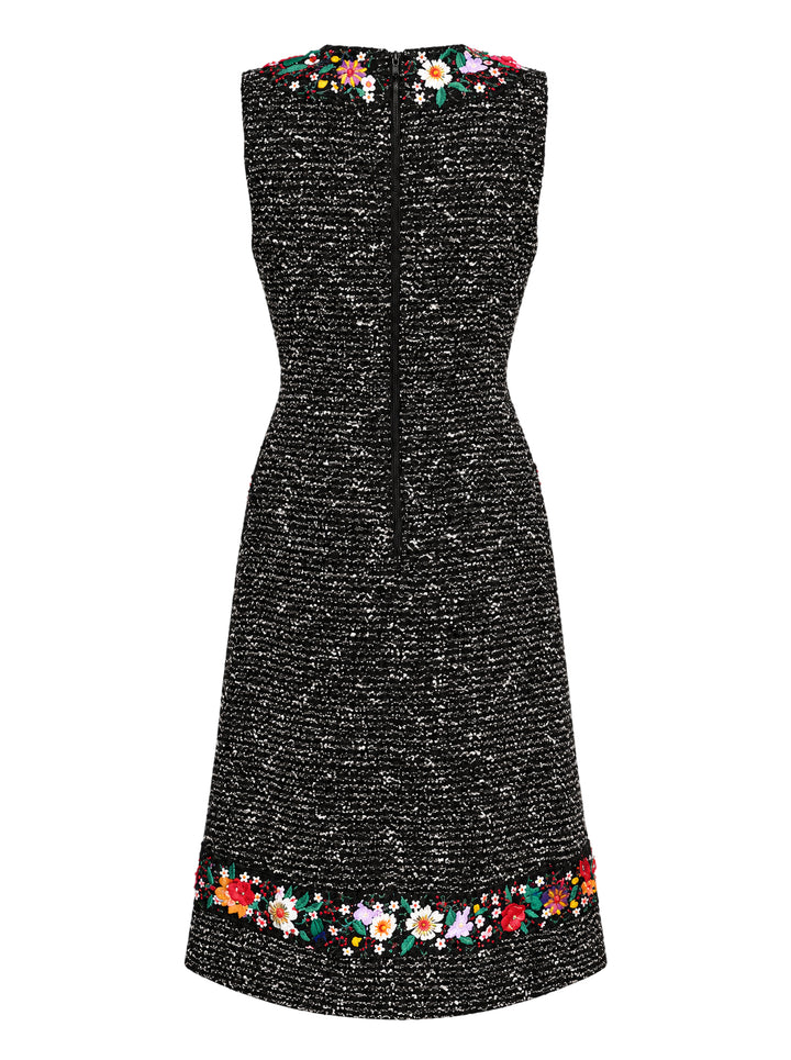 Carolina Herrera sleeveless knee-length black and white tweed dress with colourful three-dimensional floral embellishment at the neckline, pockets and hem - view 2
