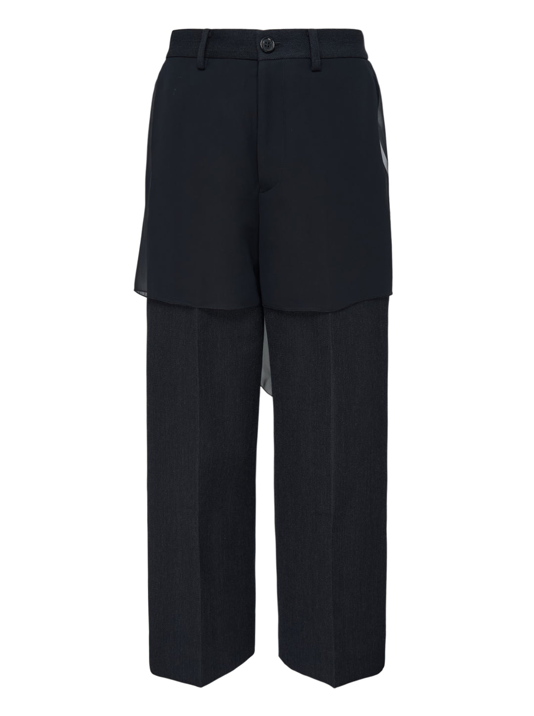 Undercover layered trousers in black and charcoal with a sheer overlay panel and straight-leg cut, front view