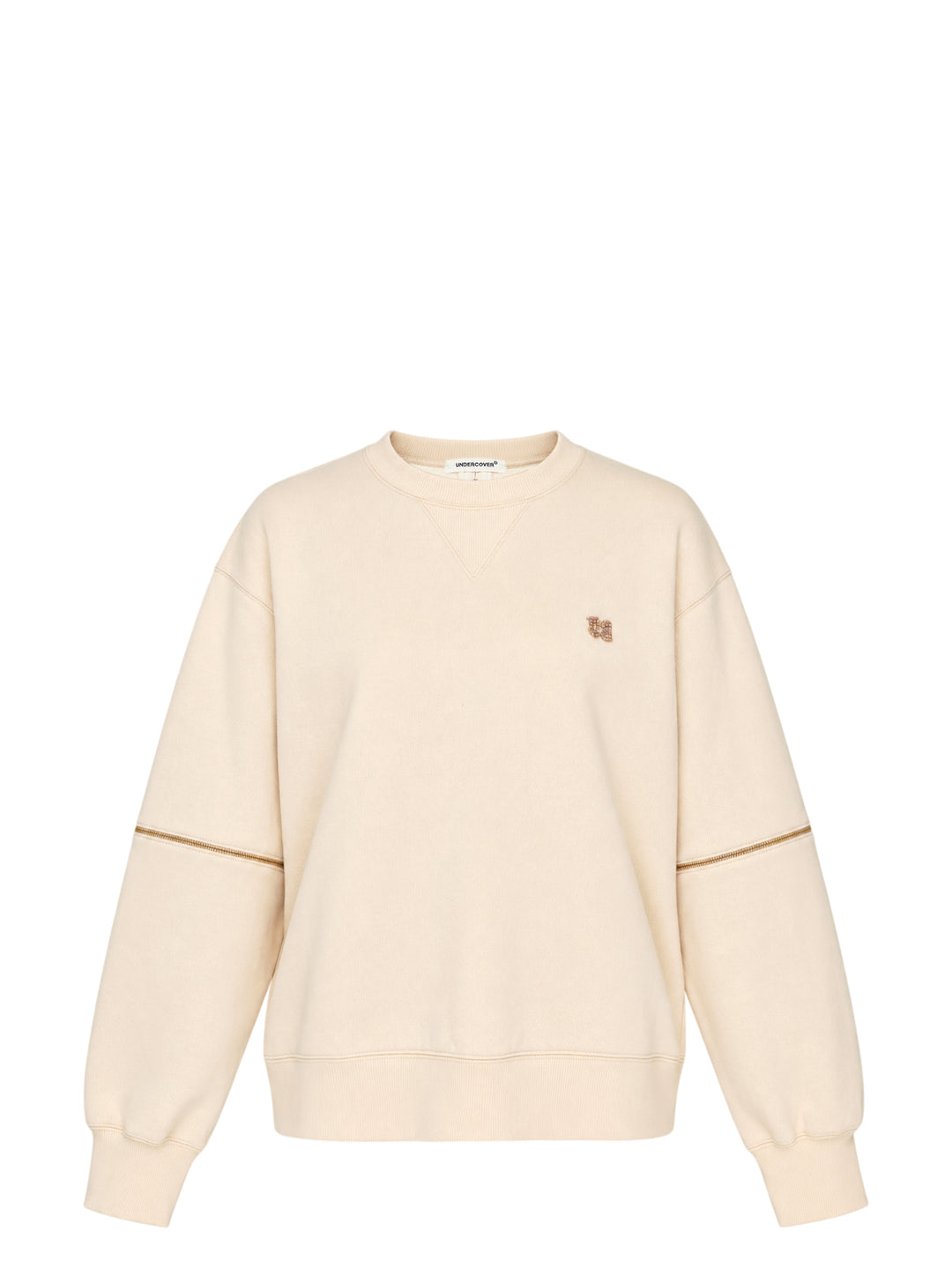 Undercover cream crewneck sweatshirt with zip details across the sleeves and an embellished logo at the chest