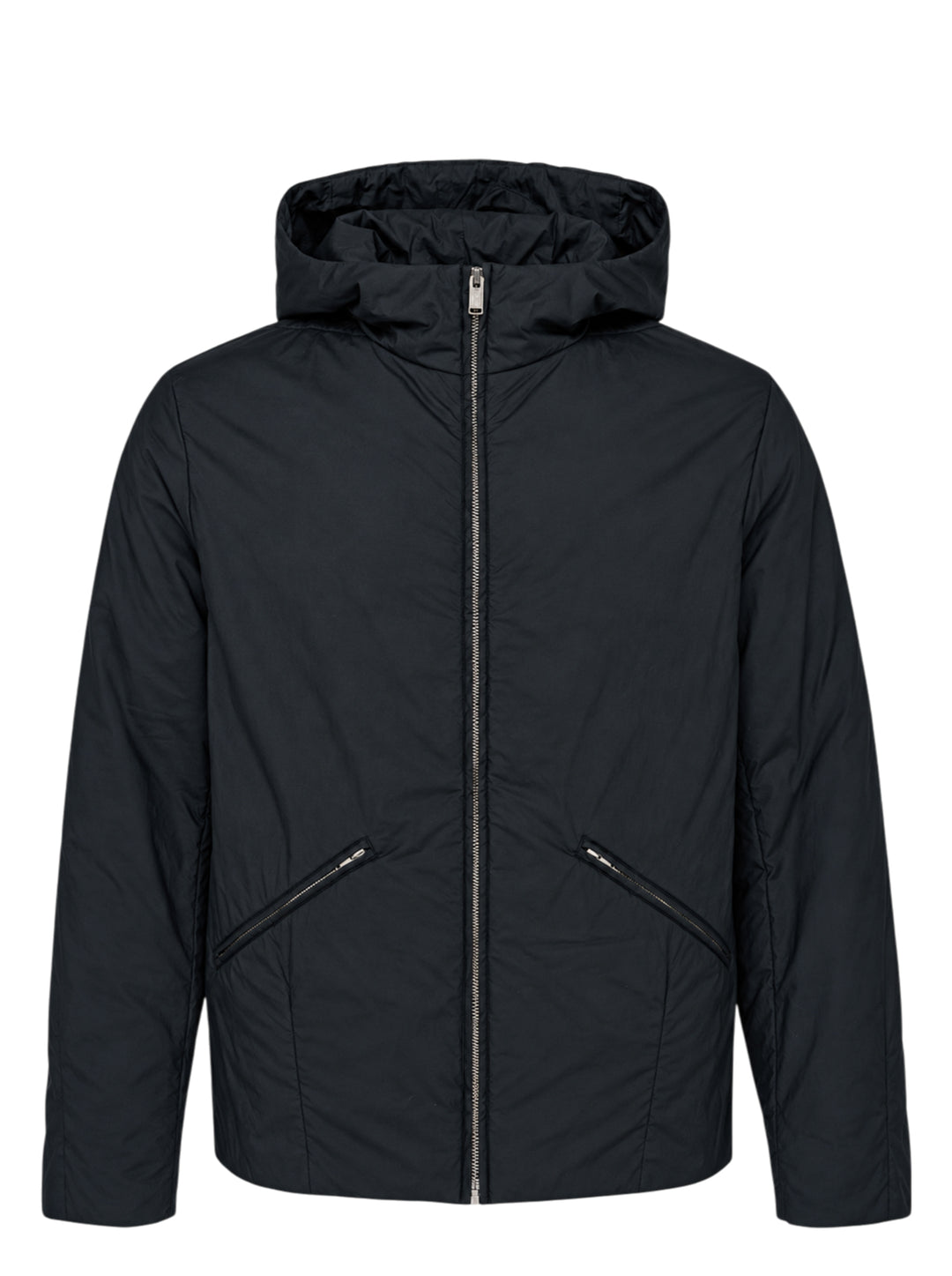 Undercover Cindy Sherman black padded zip-up hooded blouson with diagonal zip pockets, front view