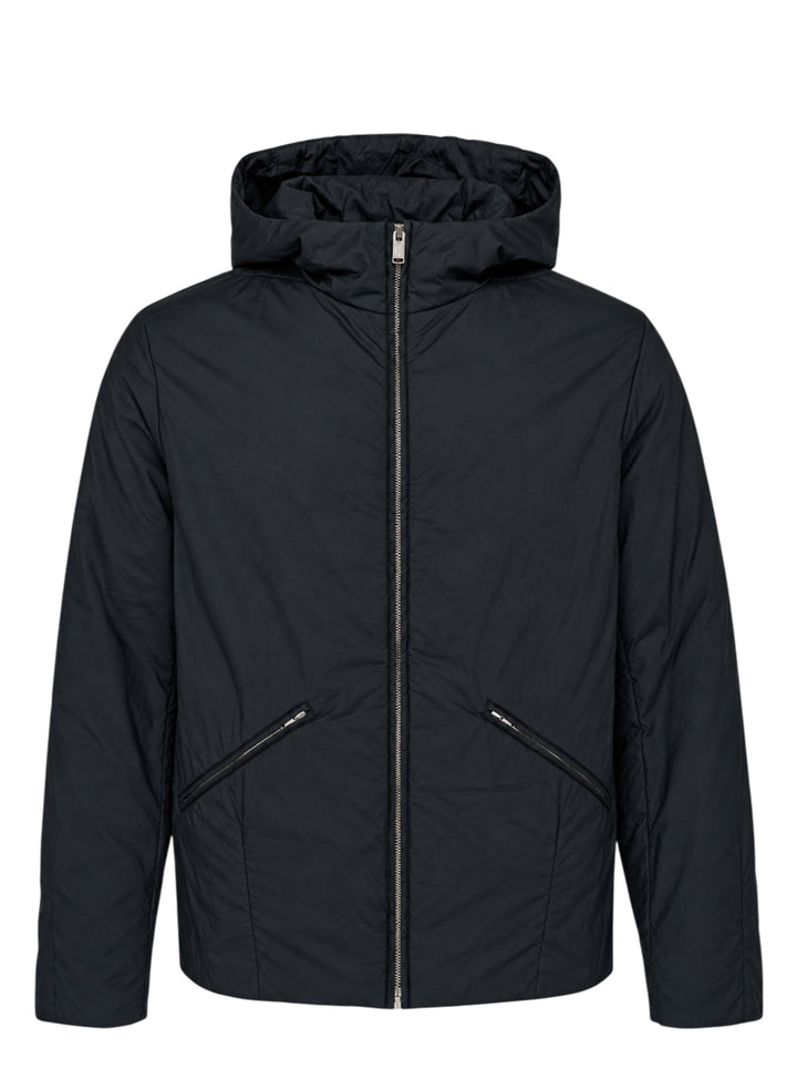 Undercover Cindy Sherman black padded zip-up hooded blouson with diagonal zip pockets, front view