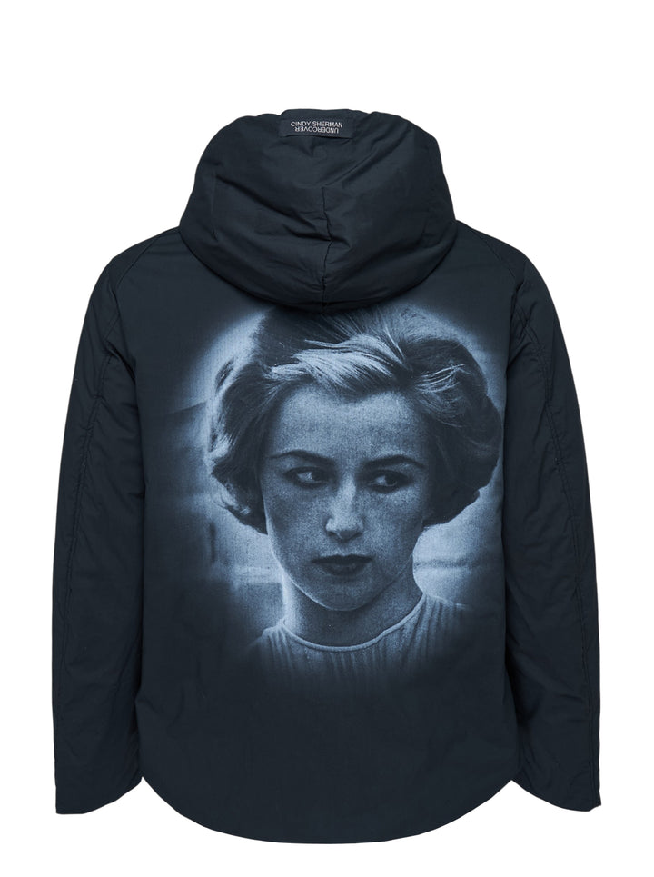 Undercover Cindy Sherman black padded zip-up hooded blouson with diagonal zip pockets, front view - view 2