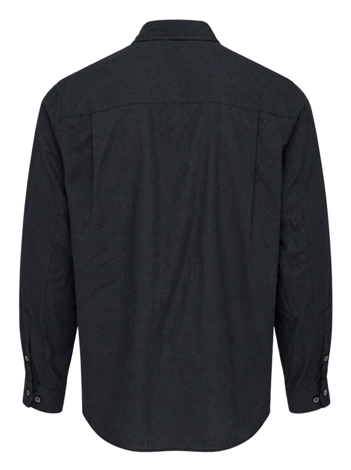 Undercover Two Pocket Long Sleeve Shirt in black with point collar, front button placket and two chest pockets with frayed openings - view 2