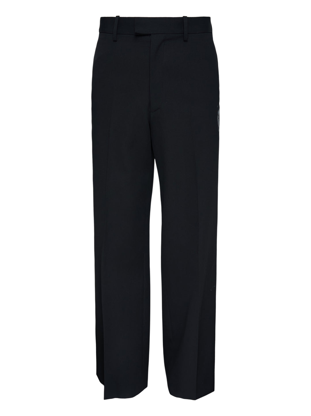 Undercover Cindy Sherman Patch Trousers in black, front view showing straight-leg tailored cut with pressed crease and patch detail