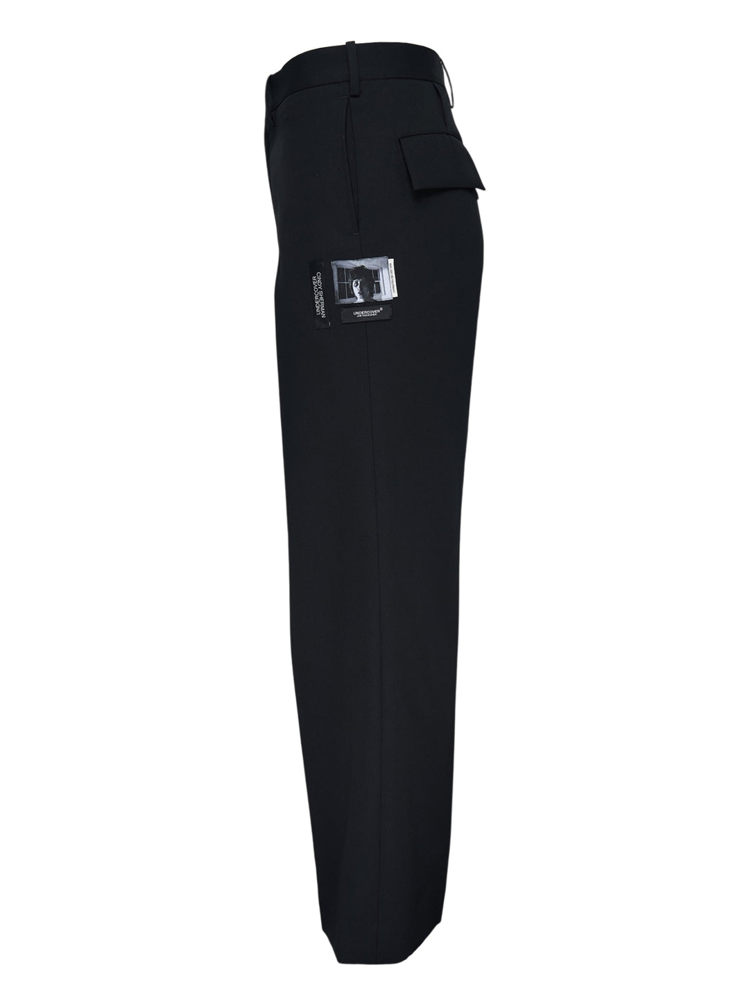 Undercover Cindy Sherman Patch Trousers in black, front view showing straight-leg tailored cut with pressed crease and patch detail - view 3