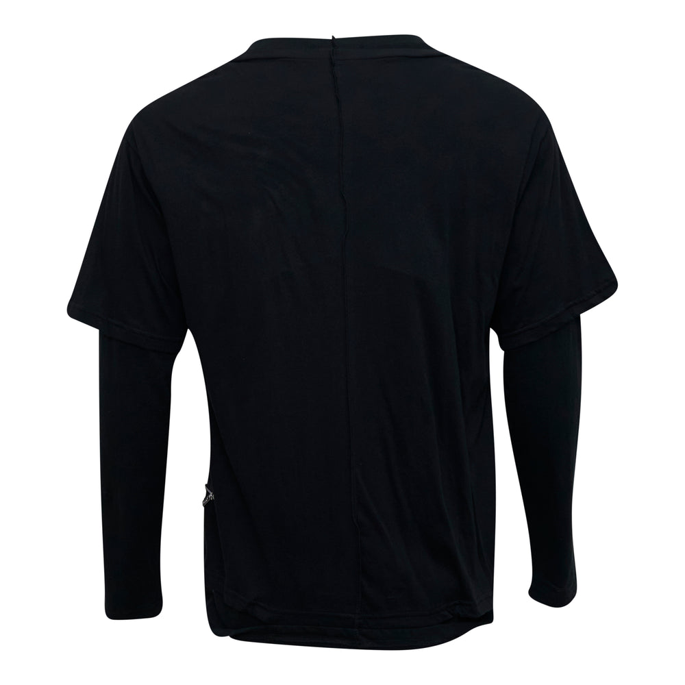 Undercover black layered long sleeve tee with faux double-layer construction and curved zipper hem detail, front view - view 2