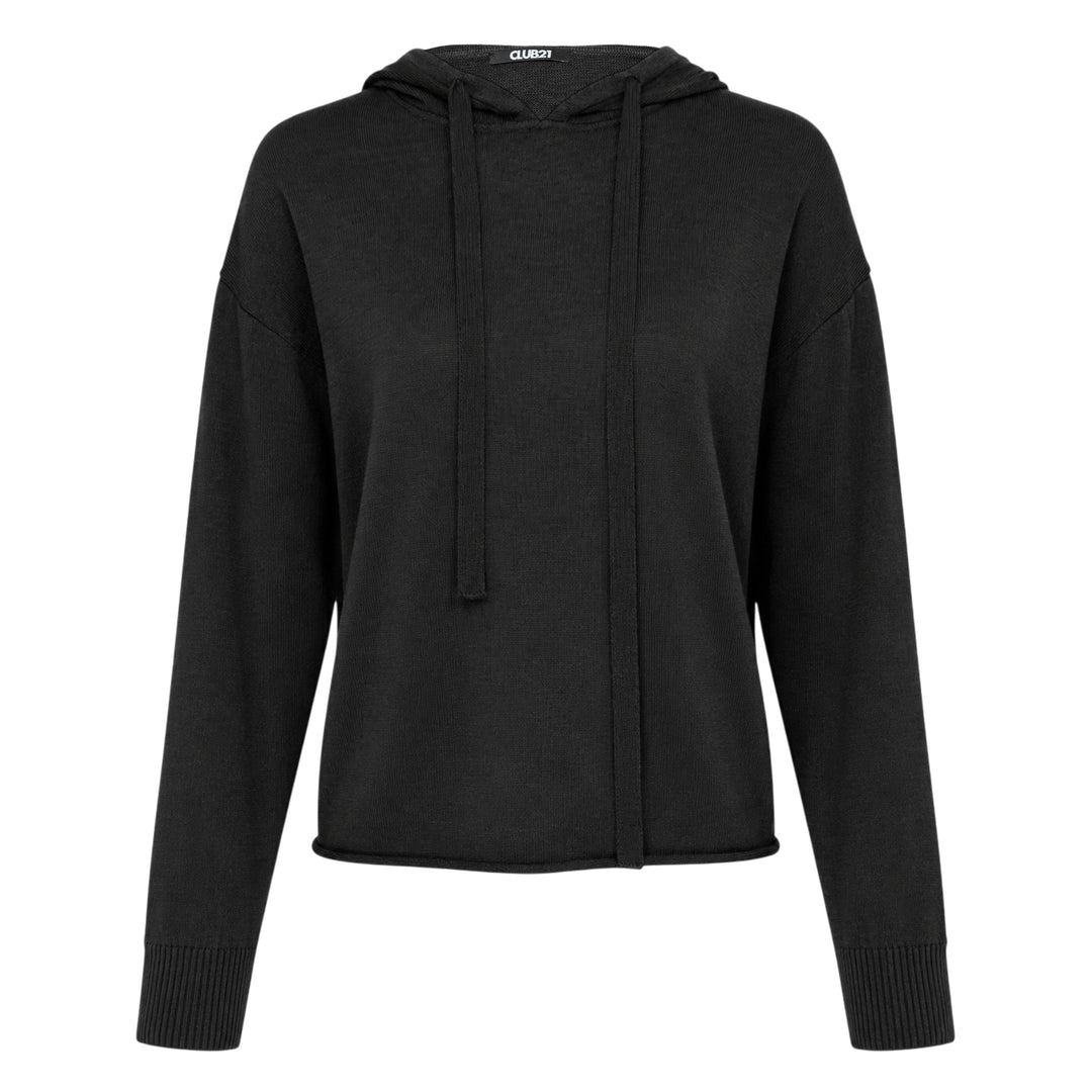 Club21 Collection mid weight knit hoodie in olive, featuring a drawstring hood, dropped shoulders, and ribbed cuffs, displayed flat on a white background