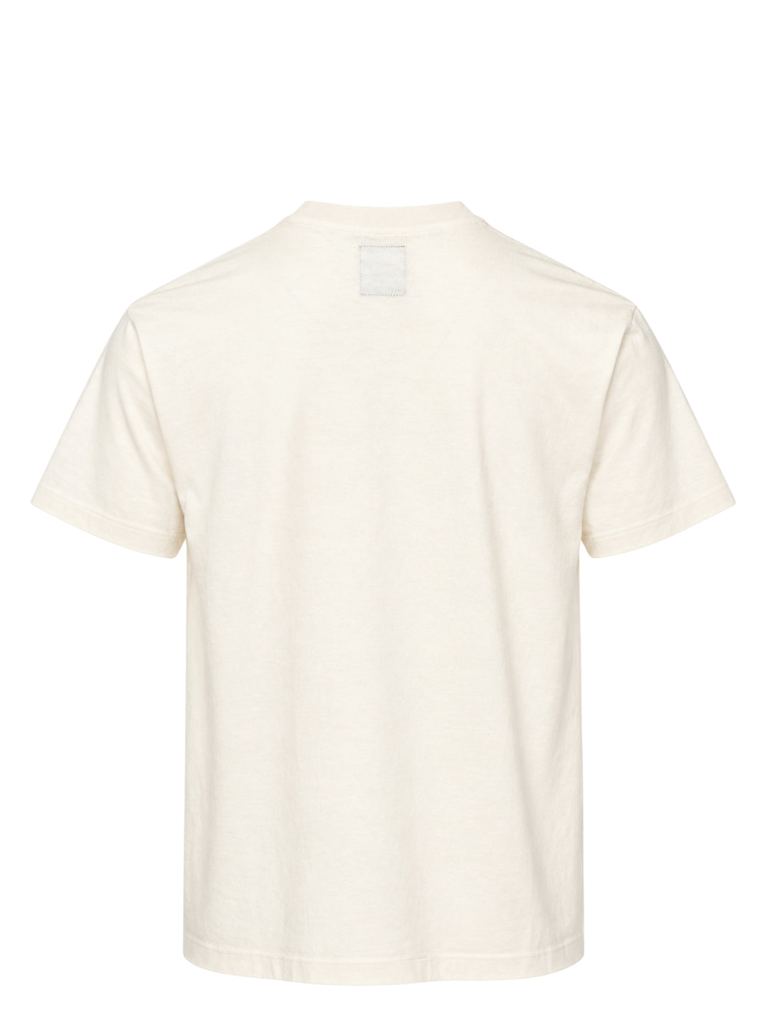 Cream short sleeve Maison Kitsuné x Kuro t-shirt featuring an illustrated fox in blue patchwork denim workwear with Kuro Kitsuné (Paris) text - view 2