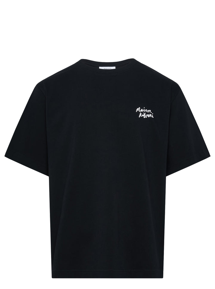 Maison Kitsuné Handwriting Oversized Tee in black with embroidered white script logo on the chest, front view
