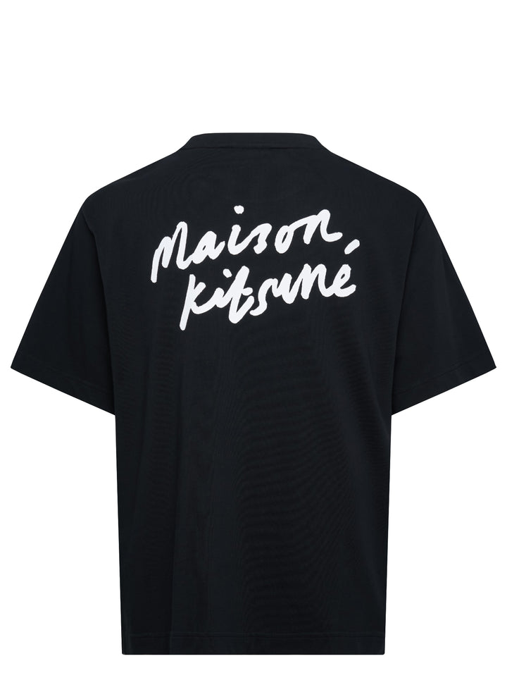 Maison Kitsuné Handwriting Oversized Tee in black with embroidered white script logo on the chest, front view - view 2