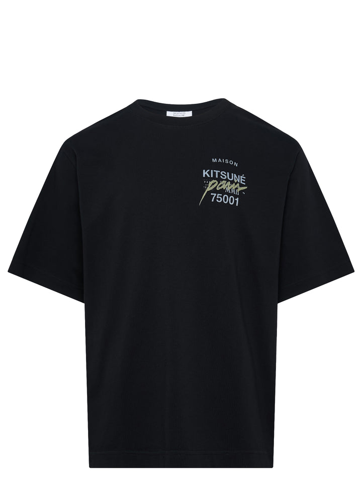 Maison Kitsuné MMII Profile Fox Oversize Tee in black with typographic chest graphic reading Maison Kitsuné Paris MMII 75001, crew neck, short sleeves, relaxed fit