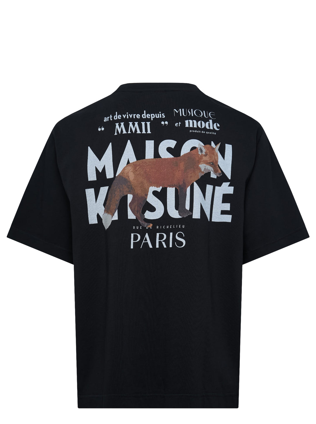 Maison Kitsuné MMII Profile Fox Oversize Tee in black with typographic chest graphic reading Maison Kitsuné Paris MMII 75001, crew neck, short sleeves, relaxed fit - view 2