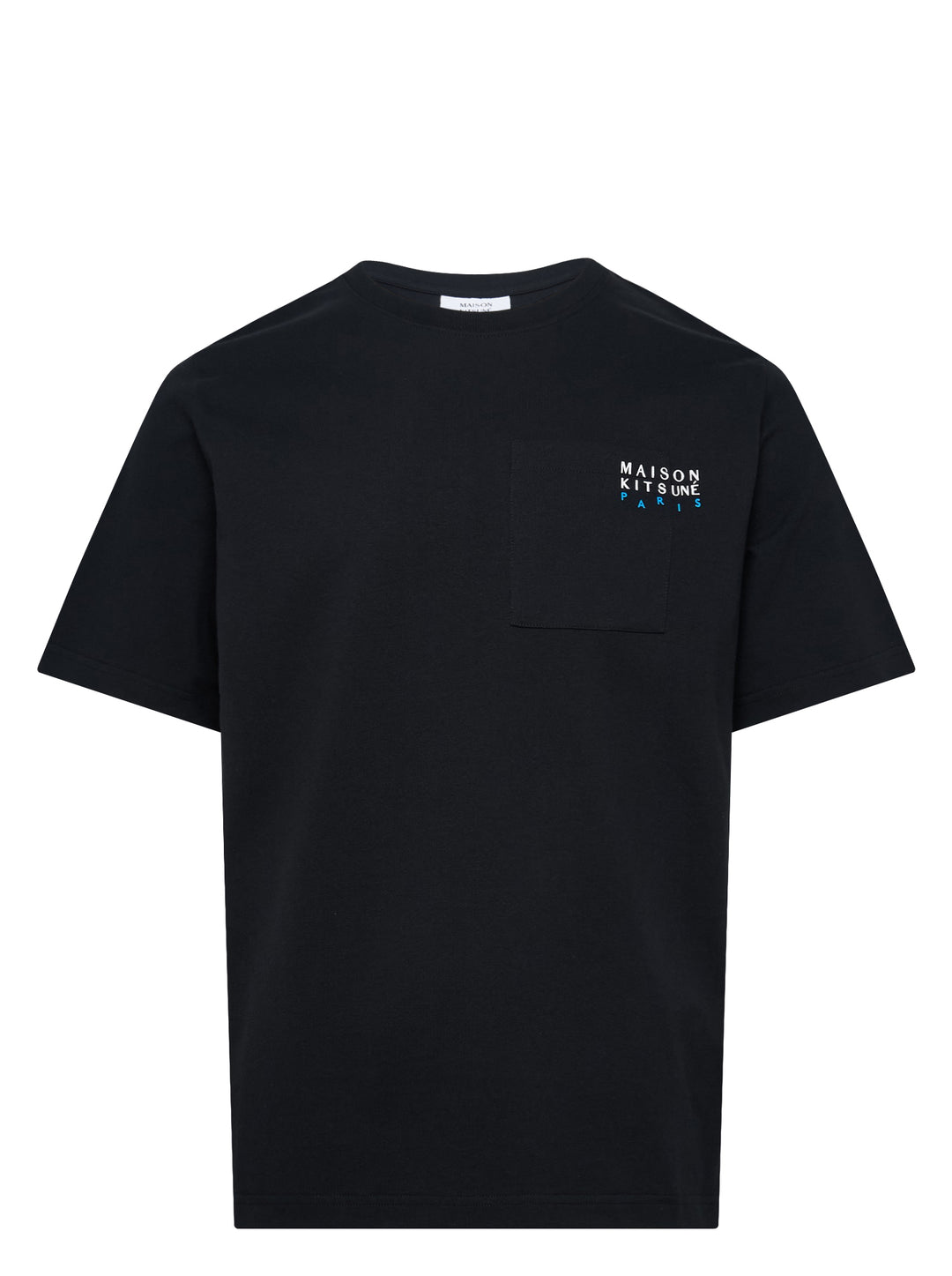 Maison Kitsuné black Patch Pocket Comfort Tee with embroidered 'Maison Kitsuné Paris' wordmark above a chest patch pocket, shown from the front
