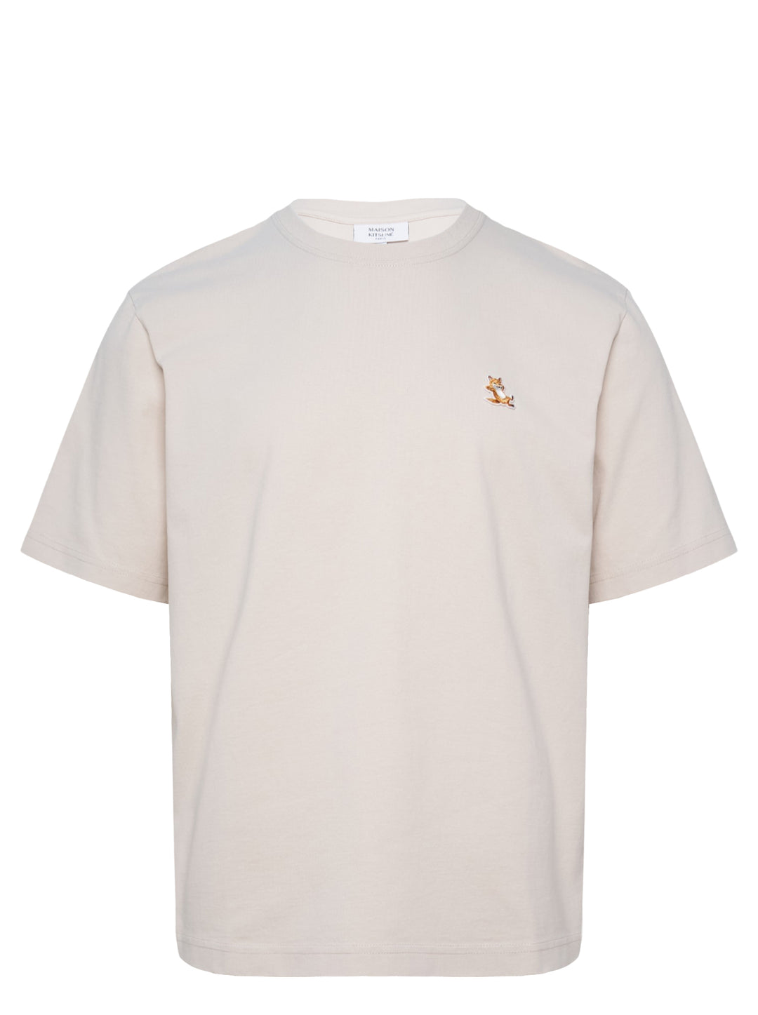 Maison Kitsuné Chillax Fox Comfort Tee in off-white with a small embroidered lounging fox patch on the chest, crew neck, and short sleeves