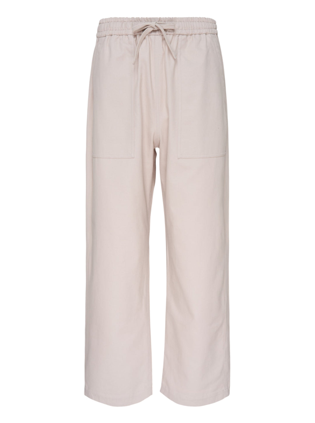 Maison Kitsuné Workwear Wide Leg Pants in blush beige with elasticated drawstring waist and front patch pockets, straight wide-leg silhouette, front view on white background