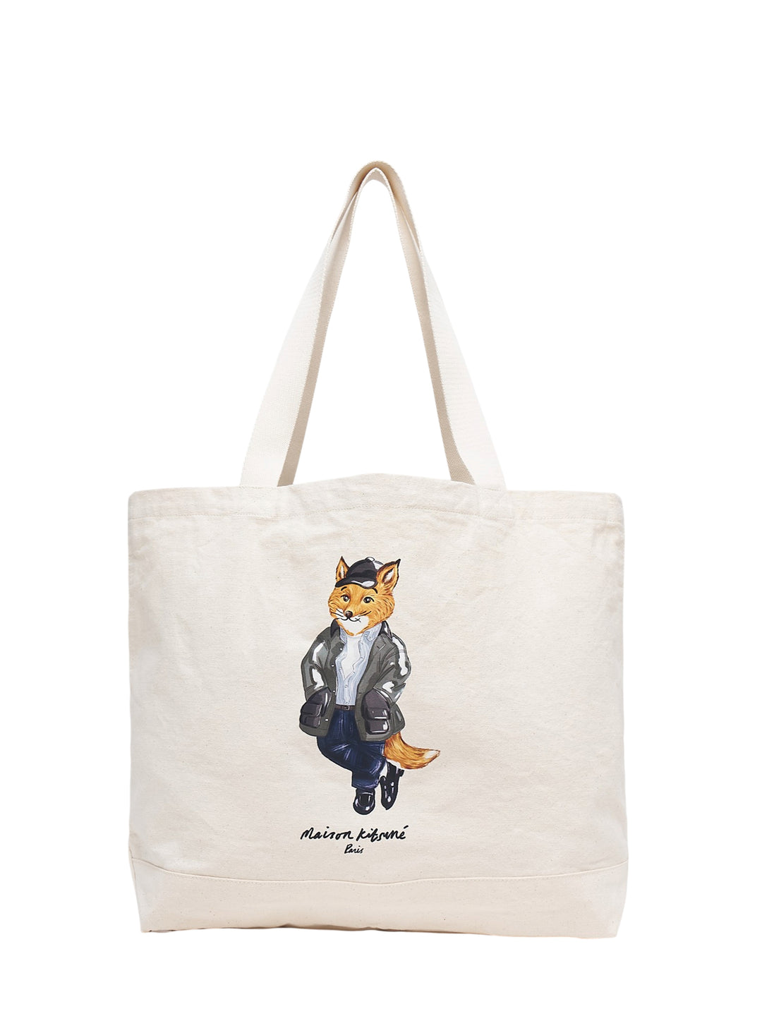 Maison Kitsuné Weekend Fox natural canvas tote bag with illustrated fox wearing a cap, utility jacket and jeans above the handwritten Paris logo