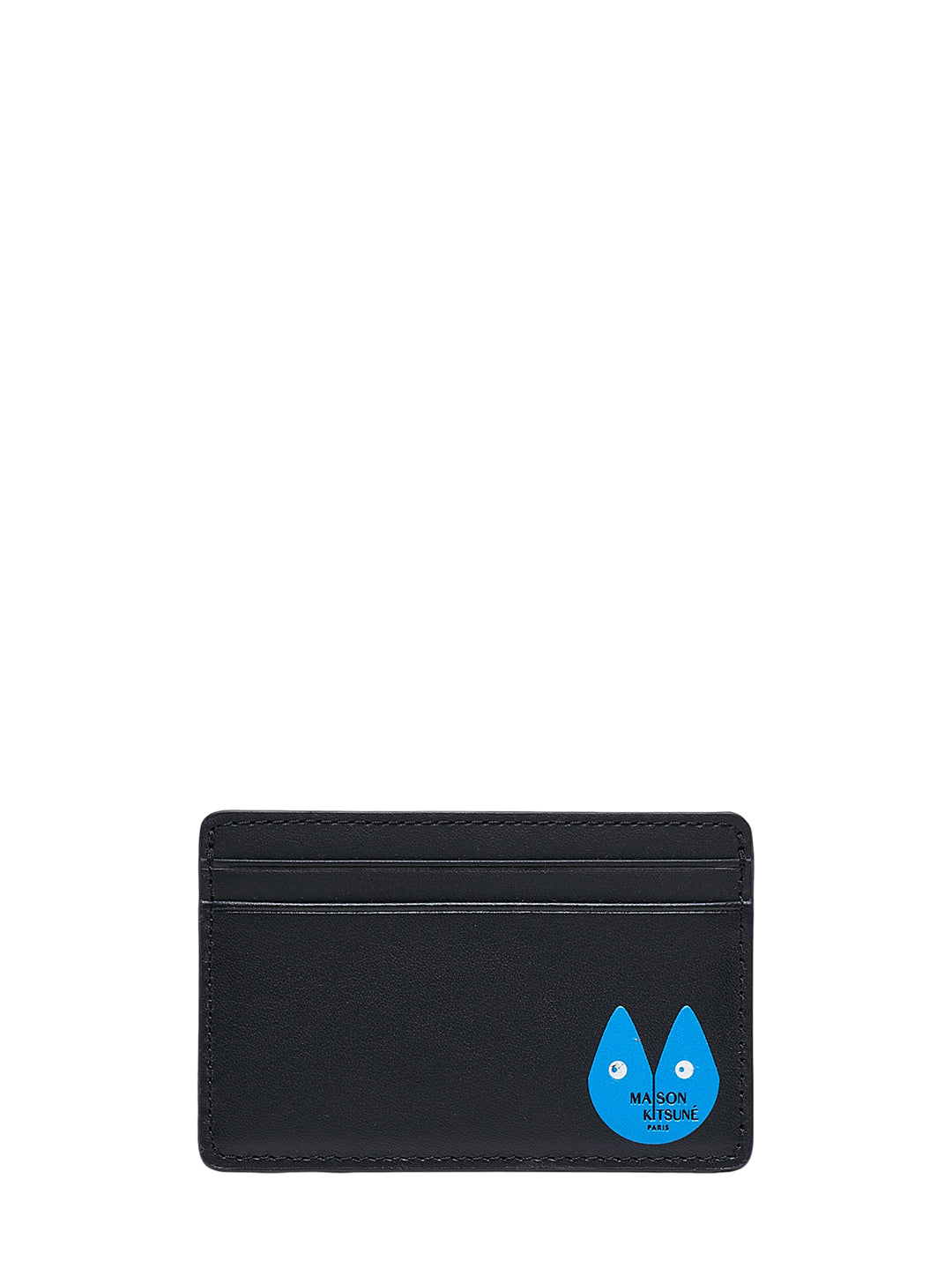 Black leather Maison Kitsuné Fortune Fox cardholder with multiple card slots and a blue fox logo in the lower corner
