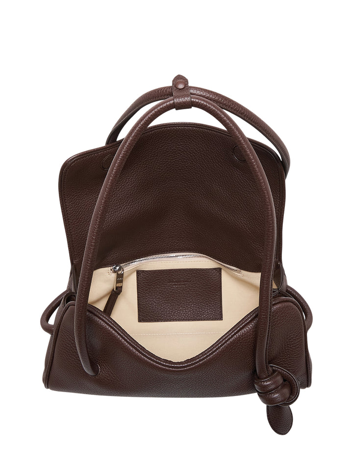 Jacquemus Le Turismo Long shoulder bag in dark brown grained leather with rolled handles, fold-over flap and knotted detail - view 3