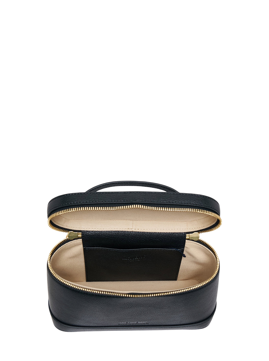 Jacquemus Le Petit Vanity bag in black grained leather with gold-tone zip, charms, top handle and long adjustable crossbody strap - view 3