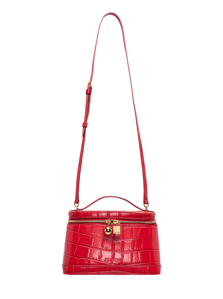 Jacquemus Le Petit Vanity red croc-embossed leather handbag with gold-tone zip, top handle and long adjustable shoulder strap