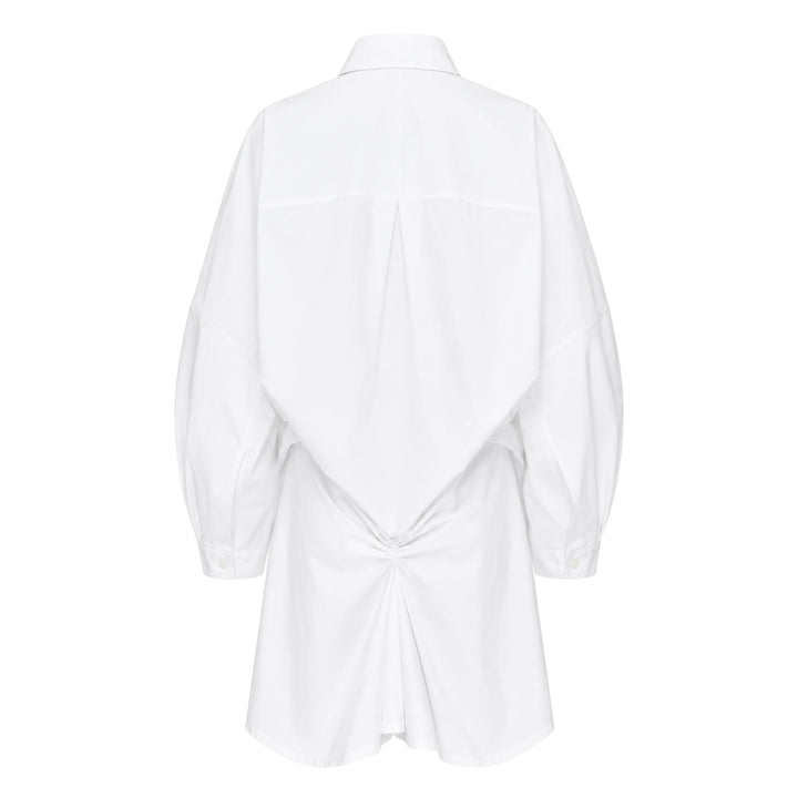 Jacquemus La Robe Colombe white long-sleeve mini dress with deep V-neckline, elasticated waist, front patch pocket, and navy logo tape at the back collar - view 2