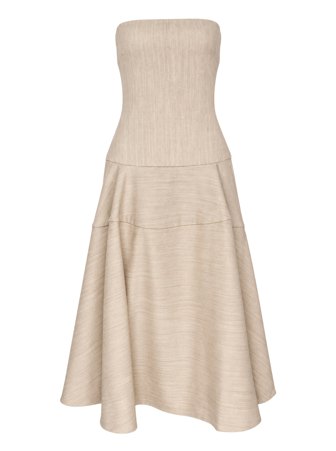 Jacquemus La Robe Paradiso strapless woven midi dress in oatmeal with a fitted bodice and flared asymmetric skirt