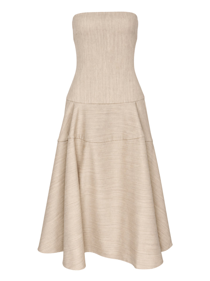Jacquemus La Robe Paradiso strapless woven midi dress in oatmeal with a fitted bodice and flared asymmetric skirt