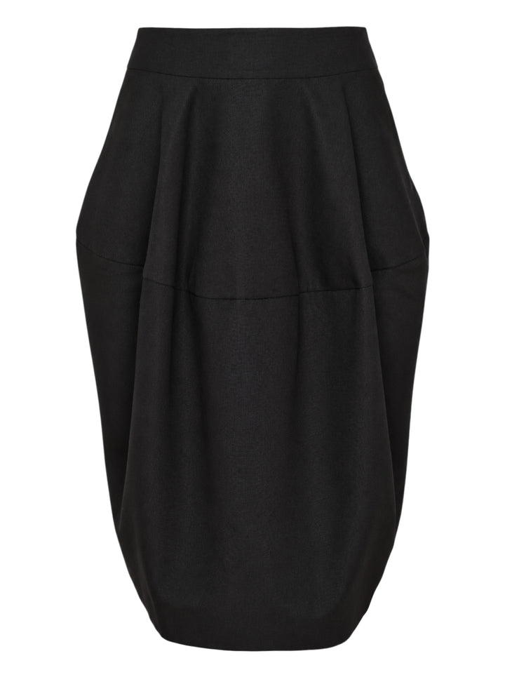 Jacquemus La Jupe Ovalo black woven midi skirt with sculpted rounded silhouette and pleated waist, front view