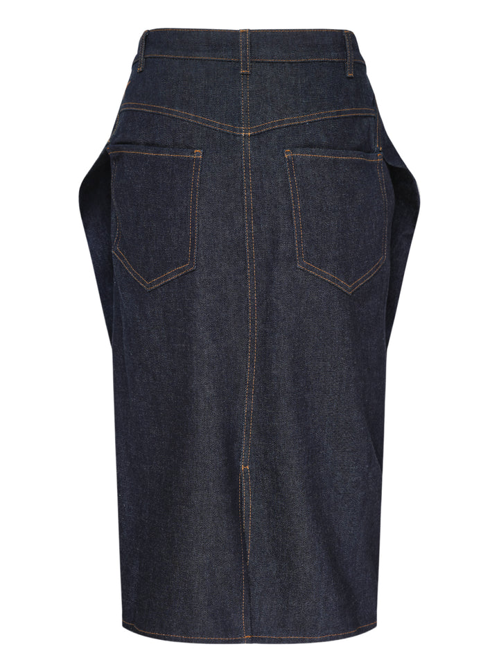 Jacquemus La Jupe Cubisto dark indigo denim midi skirt with sculpted curved silhouette, contrast topstitching and button fly - view 2