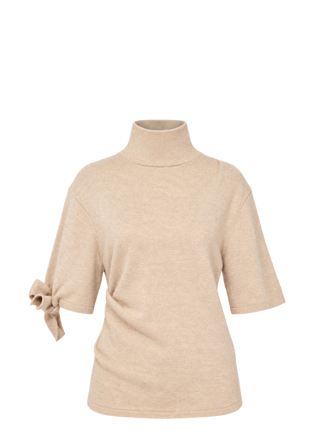 Jacquemus Fiocco beige knit turtleneck top with short sleeves, a tied bow at the sleeve and gathered waist detail