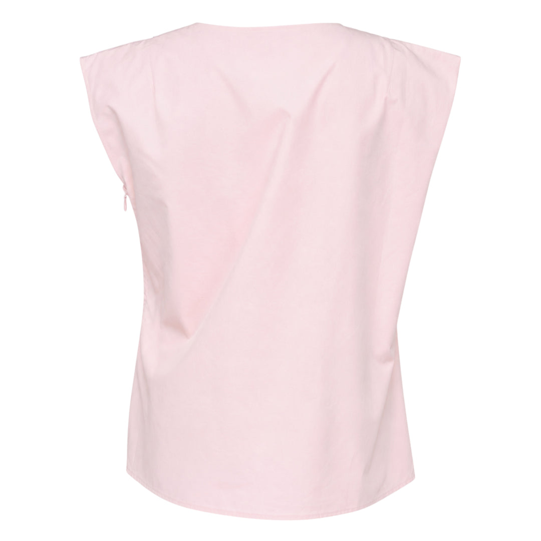 Jacquemus La Haut Drap sleeveless woven top in pale pink with structured shoulder seams, side zip detail, and navy brand label at the neckline - view 2