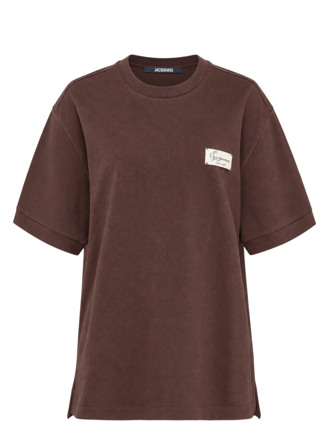 Jacquemus Le Montaigne oversized short sleeve tee in chocolate brown with woven script label on the chest