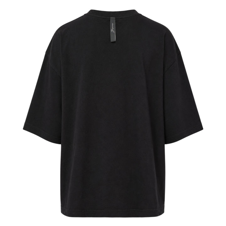 Jacquemus black oversized short-sleeve t-shirt with embroidered cursive logo across the chest and ribbed crew neckline, displayed on a white background - view 2