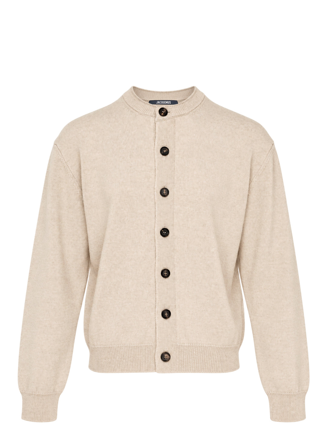 Jacquemus Le Cardigan Moulin in beige knit with a collarless neckline and dark tortoiseshell-effect front buttons