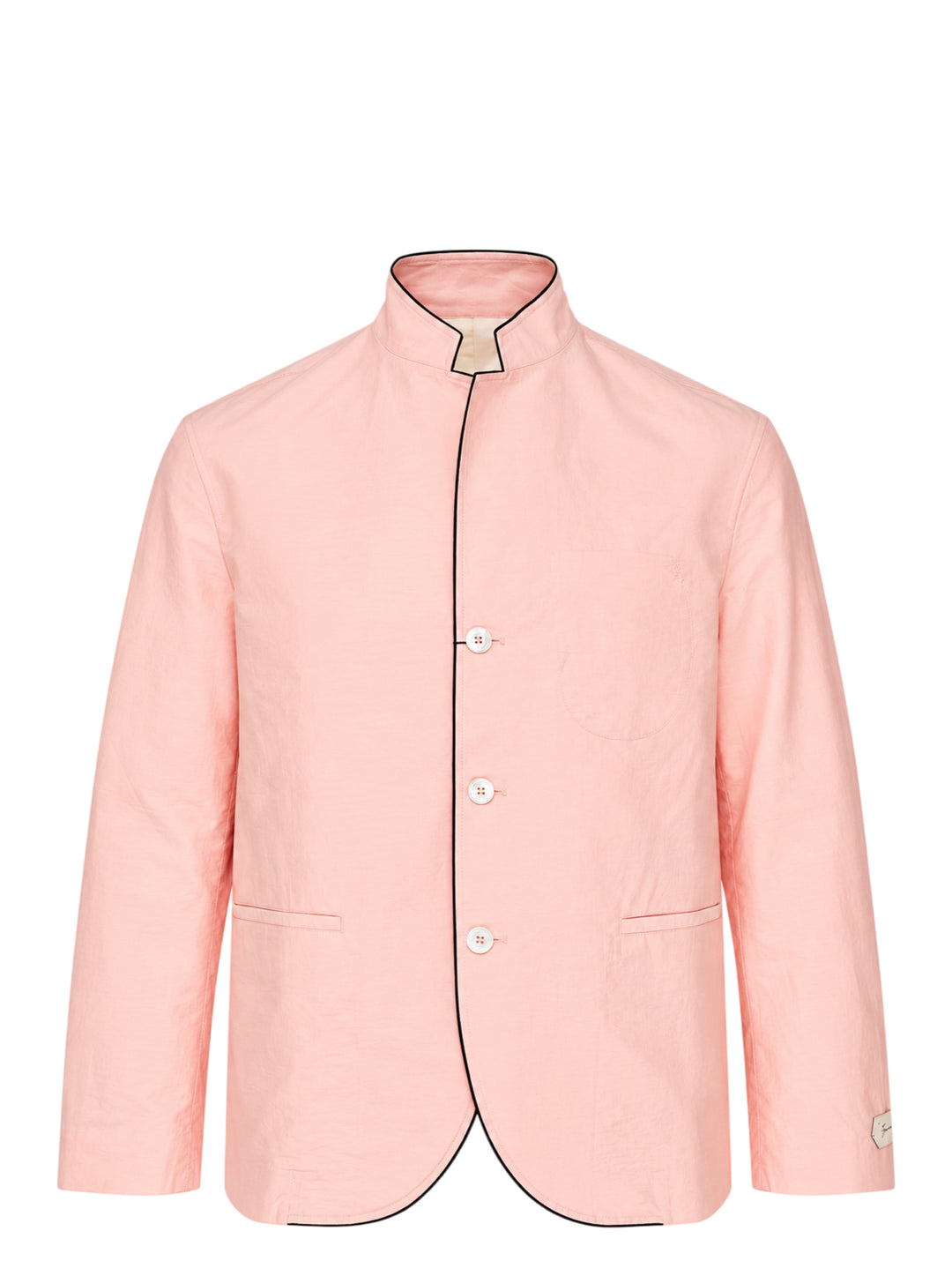 Jacquemus La Veste Palmier pink stand-collar jacket with black contrast piping, three mother-of-pearl buttons and a curved hem