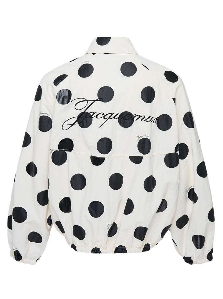Jacquemus Le Palmier cream windbreaker jacket with large black polka dots, zip front, collar and drawstring hem - view 2