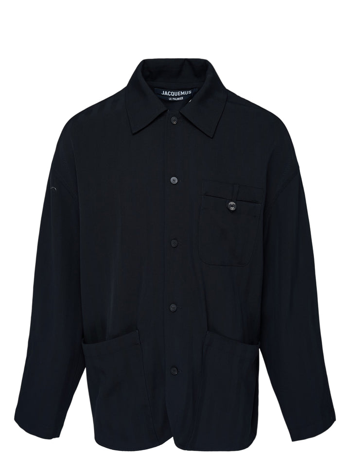 Jacquemus La Veste Strada black button-up chore jacket with chest pocket and two oversized front patch pockets