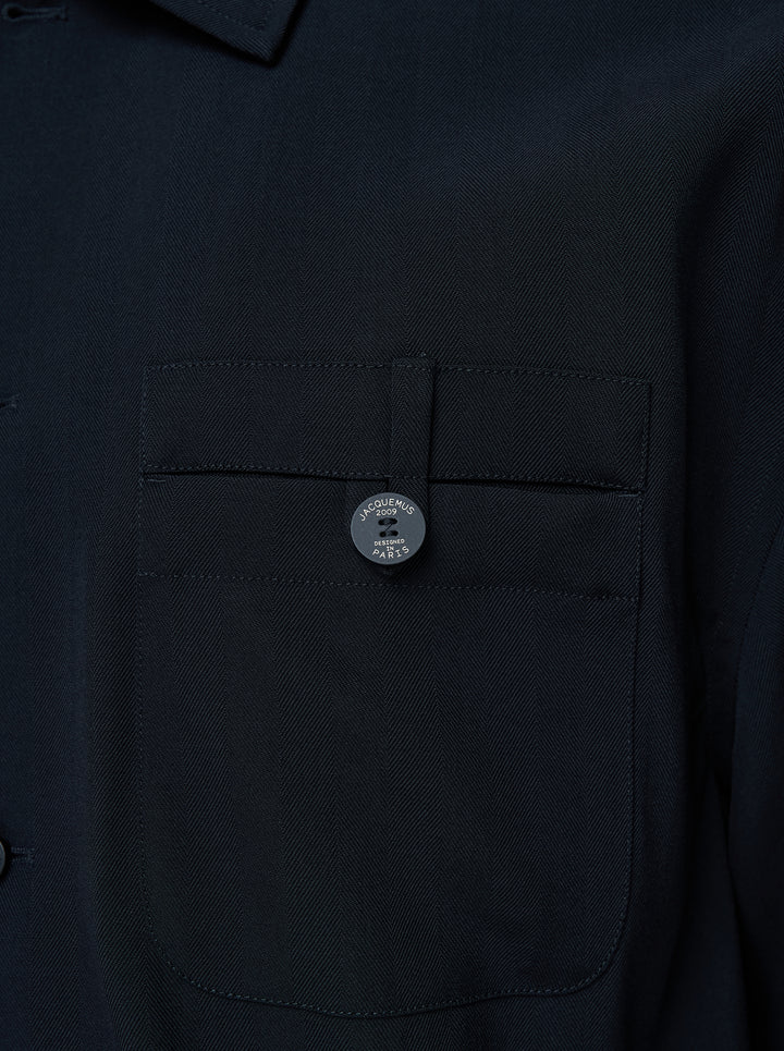 Jacquemus La Veste Strada black button-up chore jacket with chest pocket and two oversized front patch pockets - view 3