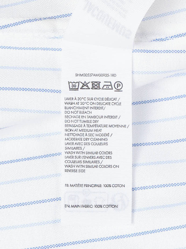 Jacquemus Cuadro long sleeve shirt in white with blue pinstripes, chest pocket and pink script logo embroidery - view 4