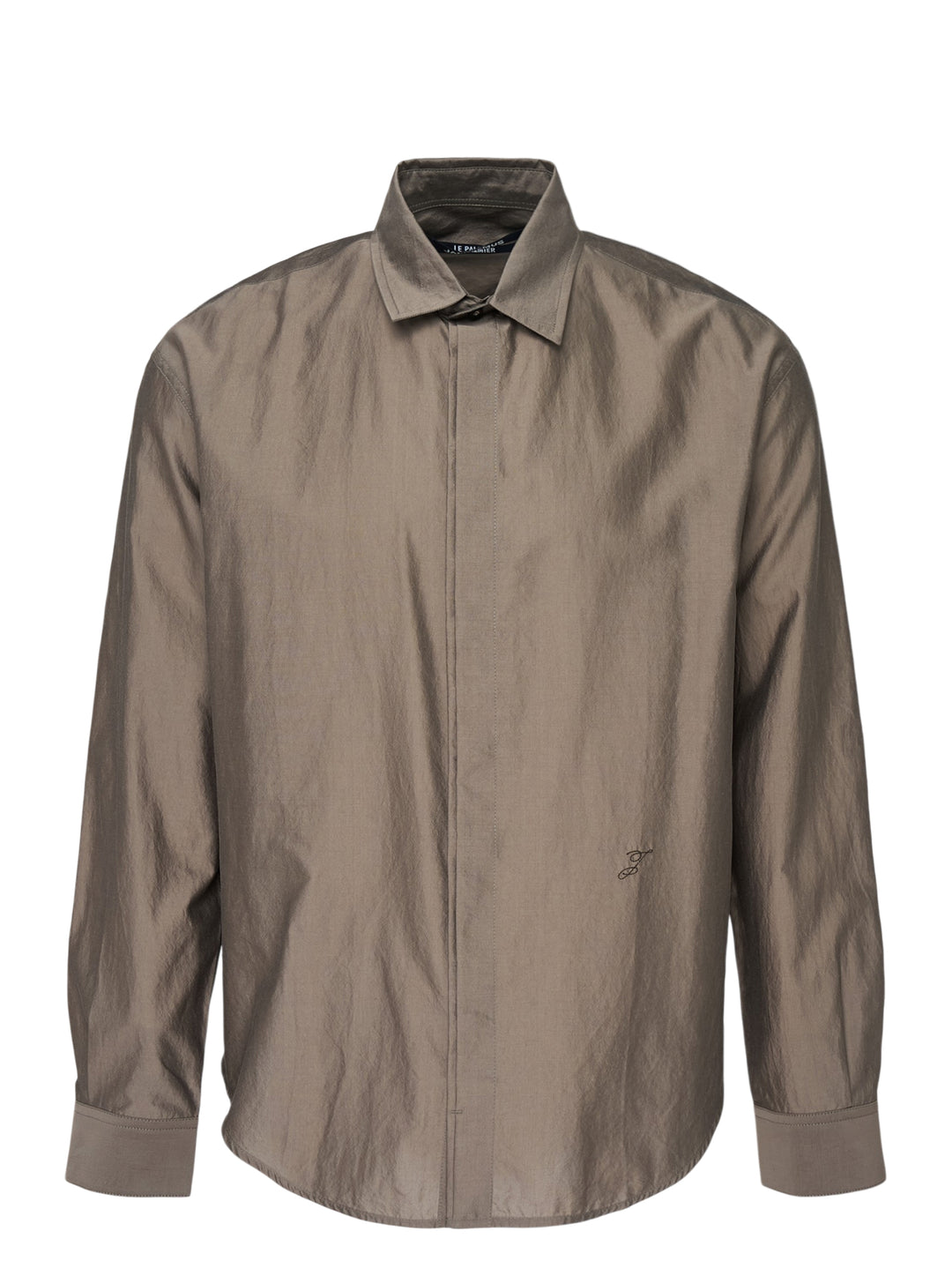 Jacquemus Simon long sleeve shirt in taupe with a lustrous crinkled finish, concealed button placket and small script embroidery at the hem