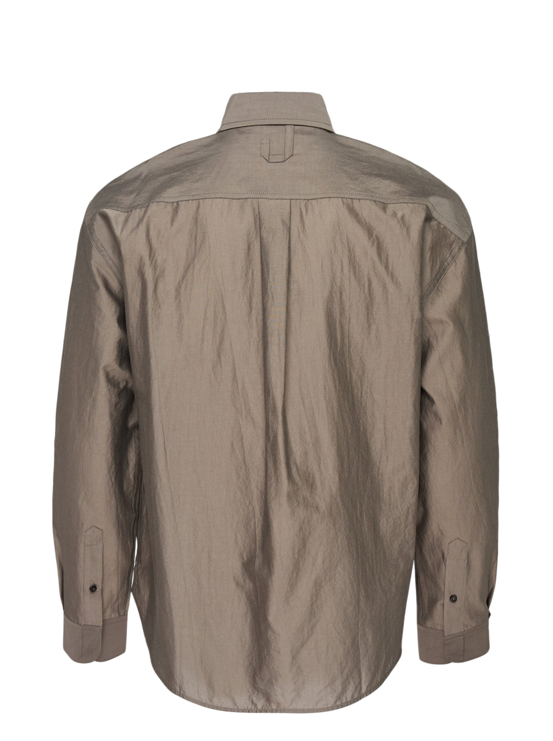 Jacquemus Simon long sleeve shirt in taupe with a lustrous crinkled finish, concealed button placket and small script embroidery at the hem - view 2