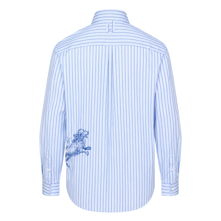 Jacquemus La Chemise Simon long sleeve shirt in light blue with navy vertical pinstripes, featuring a classic point collar and double-button barrel cuffs - view 2