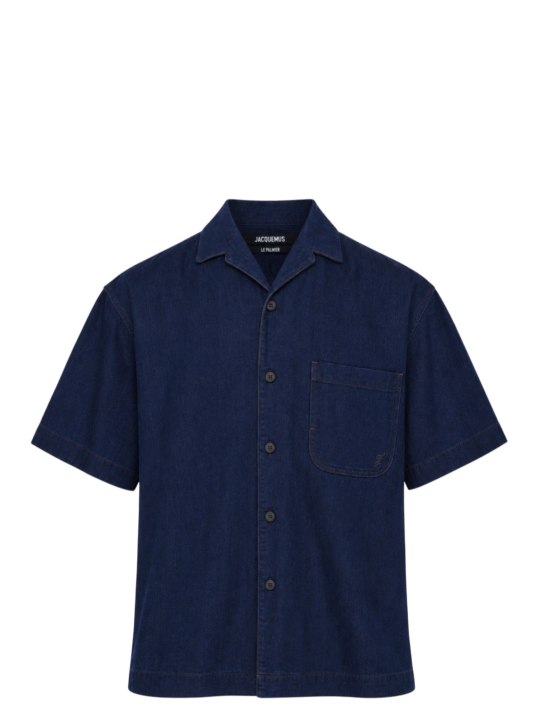 Jacquemus Denim Pyjama Shirt in dark indigo with camp collar, short sleeves, button front and embroidered chest pocket