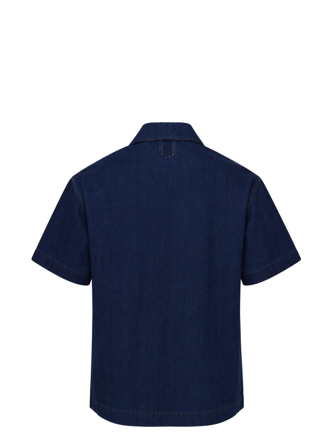 Jacquemus Denim Pyjama Shirt in dark indigo with camp collar, short sleeves, button front and embroidered chest pocket - view 2