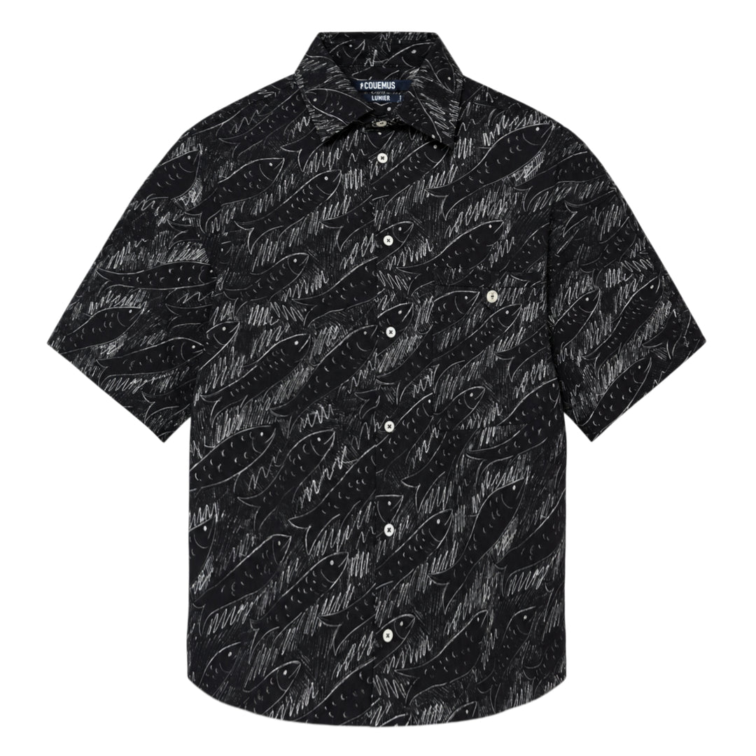 Jacquemus La Chemise Rio short sleeve shirt in black with an all-over white hand-drawn fish print and mother-of-pearl button fastening