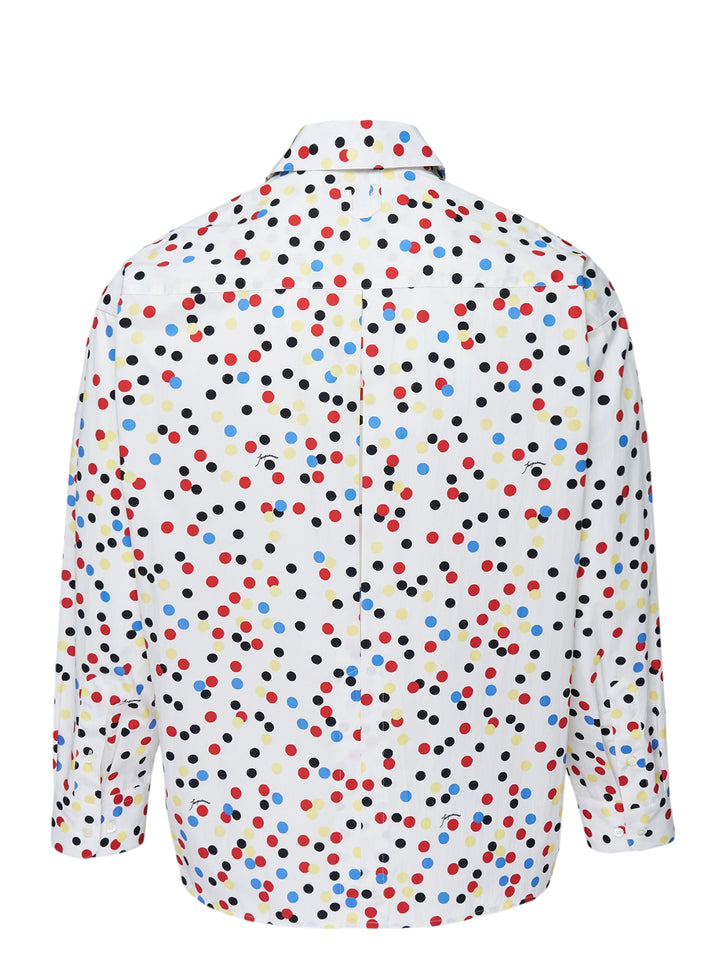 Jacquemus La Chemise Losange long sleeve white shirt with red, blue, yellow, and black polka dot print, front view - view 2